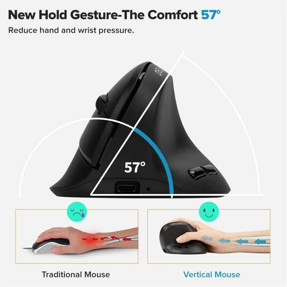 Delux M618 Air Ergonomic Wireless Mouse Vertical Mice Lightweight Rechargeable Silent Click DPI Adjustable for Small Medium Hand